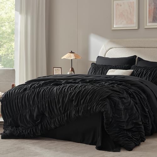 Image of Andency Ruched Full Size Comforter Sets Black, 7 Pieces Ruffle Bed Set in a Bag, Shabby Chic Pleat Bedding Set with Comforter, Sheets, Pillowcase & Sham, Lightweight, Soft, All Season