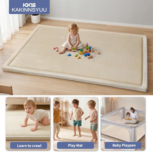 Image of 2 Inch Thick Baby Play Mat for Floor, Memory Foam Tummy Time Mat with Non-Slip Backing, Soft Micro Flannel 79X71nch Playpen Carpet Crawling Tatami for Infants Toddlers Kids, Beige