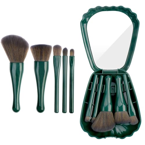 5-in-1 Mini Travel Makeup Brush Set – Portable Cosmetic Brushes Kit with Mirror, Foundation, Eyeshadow, Blush & Powder Brushes for Women & Girls – Compact Shell Design for Beauty on the (Green)