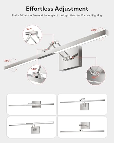 Image of VONLUCE 30 inch LED Bathroom Vanity Light, 3CCT Modern LED Vanity Lights with 360 Rotatable Head Swing Arm, 11.4W Bathroom Light Fixture Over Mirror, LED Lights for Bathroom Bedroom, Brushed Nickel | 3CCT, Flicker-free, 360 Rotatable Head & Swing Arm, IP44 waterproof Bathroom Light Fixture Over Mirror for Bathroom, Picture