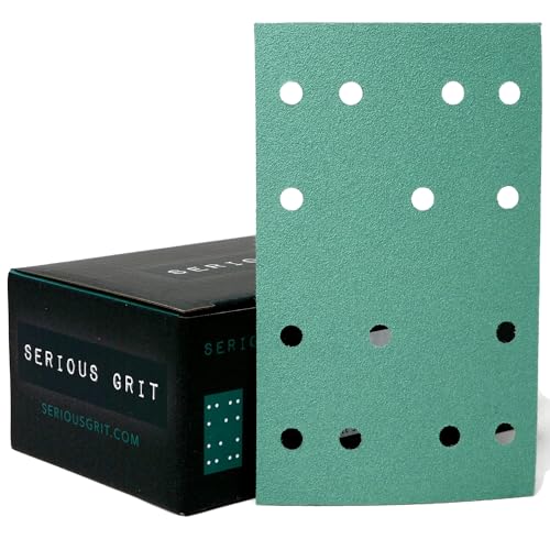 Image of Serious Grit - 3 inch x 5 inch (80x133mm) 14-Hole P120 Grit Sandpaper - 50 Pack Box | Fits Festool RTS 400 & Mirka DEOS 353 - Heavy-Duty Hook & Loop Wet /Dry Film Sanding Sheets for Doors, Cabinetry, Paint, etc