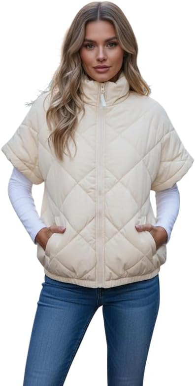 Women's Puffer Vest Short Sleeves Quilted Cropped Jackets Casual Lightweight Zip Up Warm Coat with Pockets
