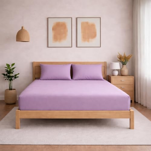 Image of THE HOME STYLE Solid Plain Cotton Feel Fitted Bedsheet King Size (72x78 inches) | 2 Pillow Covers | 300 TC | Elastic Fit | Fits Upto 8 Inch Mattress (Lilac)