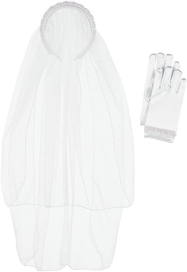 Bonnie Jean First Holy Communion Detachable Veil and Matching Gloves Set with Pearl and Sequin Trim