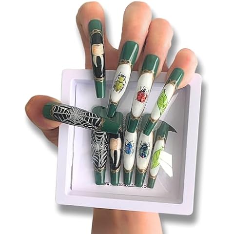 ARYANA NEW YORK Press On Nails Coffin - Handmade, Reusable, Luxury Long Coffin Nails Set,10 PCS Acrylic Handmade Nails, Oddities Beetles Collection - (Medium) Cover
