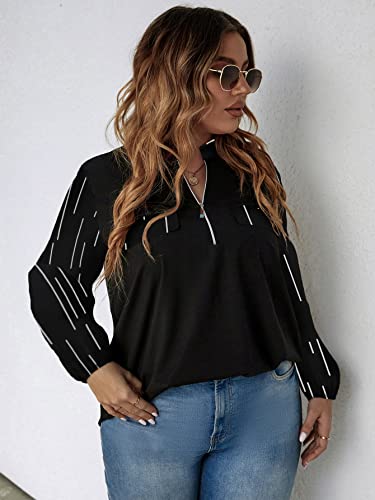 top feminino tamanho grande Mais Blusas Listrado Meio zíper (Color : Preto, Size : 3XL)
