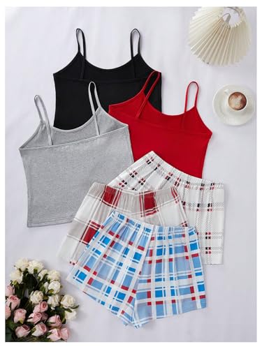 GORGLITTER Women's 6 Pack Pajama Set Spaghetti Strap Cami Top and Plaid Shorts Set2