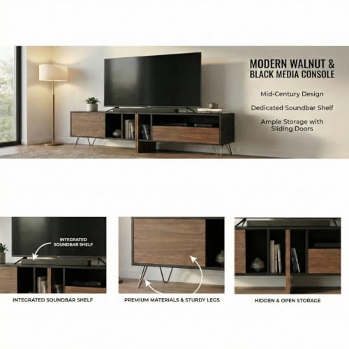 Image of FFO TV Unit, TV Cabinet 180 cm 6ft | TV Unit 75 Inch+ for Living Room | Black TV Stand Wooden with Metal Legs TV Console | TV Cabinet with Storage | TV Console Unit for 43, 55, 65, 75 Inch TVs | DIY.