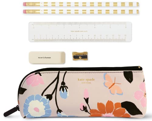Kate Spade New York Caneta e estojo com material escolar, bolsa com zíper inclui 2 lápis, apontador, borracha e régua, jardim floral