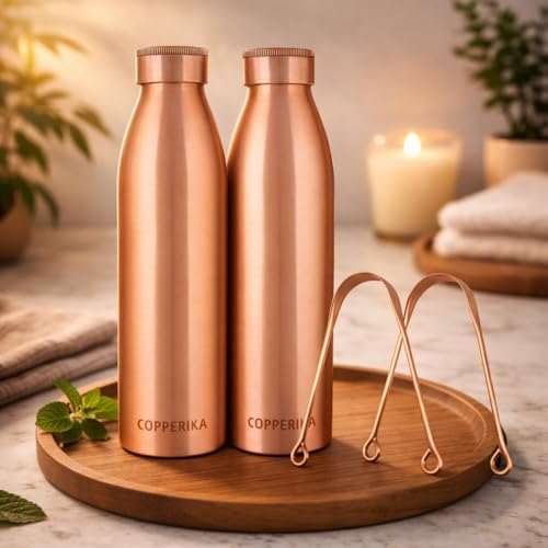Image of Classic Copper Water Bottle 1 ltr (PACK OF 2) + 2 COPPER TONGUE CLEANER FREE Original Tamba Heavy Build | Gift Item | Return GIft Item With Ayurvedic & Other Health Benefits For All Users