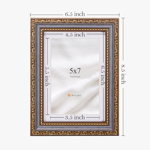 Image of eletecpro 5x7 Vintage Picture Frame, Glass Cover, Blue Gold, 2-Pack | Display Photo 4x6 with Mat or 5x7 without, Horizontal or Vertical, Tabletop or Wall Decor