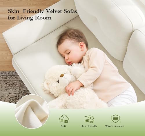 Image of Small Sectional Couch, 83 inch L Shaped Couch, Comfy Velvet Couches for Living Room, Tool-Free Setup Modular Sectional Sofa, 850lbs Load Sofas for Living Room with 1 Movable Ottoman, White Couch