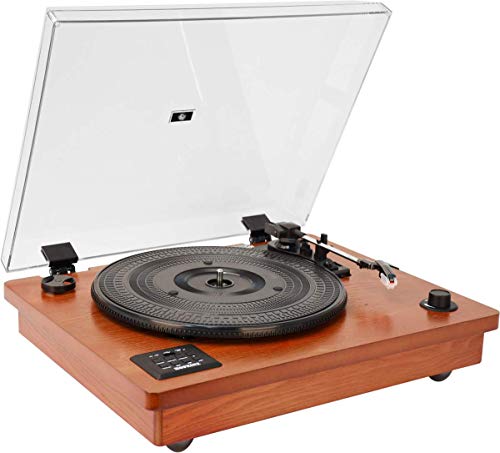 HOFEINZ Vintage Style Natural Wood Belt Driven Turntable with 3 Speed Built in Stereo Speakers, Bluetooth and Vinyl-to-MP3 Recording
