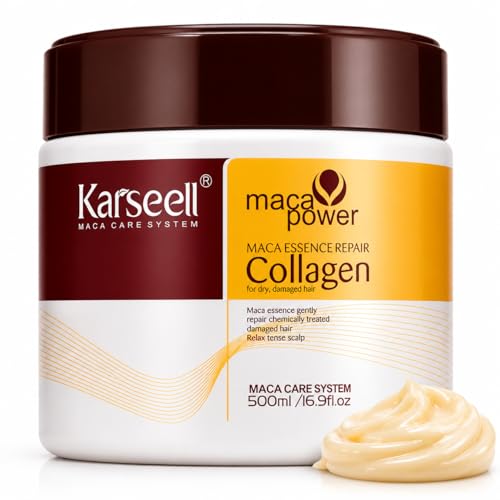 Karseell MACA CARE SYSTEM Mascarilla Capilar Profesional Colágeno Aceite Argán Coco Aguacate Keratina Karité Reparadora Nutritiva Hidratante Antifrizz Tratamiento Pelo Seco Dañado Teñido Alisado 500ml