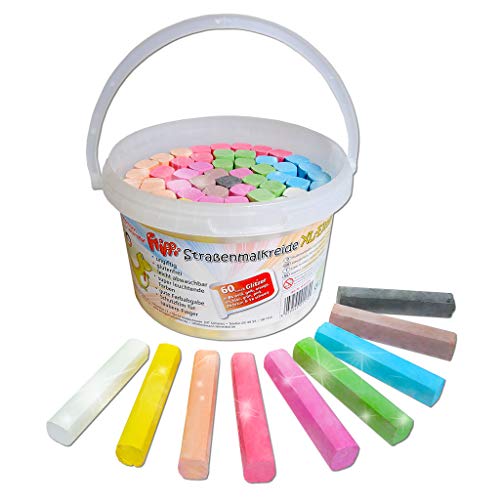 Wiemann Lehrmittel Flippi Straßenmal-Kreide für Kinder im Eimer in 9 Farben, 60 Stück (mit Glitzer)