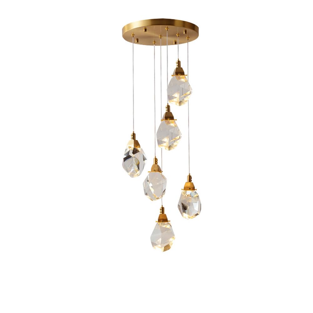 HYJAUSXB 5 Lights Crystal Pendant Light Modern Cluster Chandelier For Foyer Entryway Vintage Gold LED Raindrop Round Hanging Dining Room Bedroom Kitchen Island Stairwell Staircase Farmho