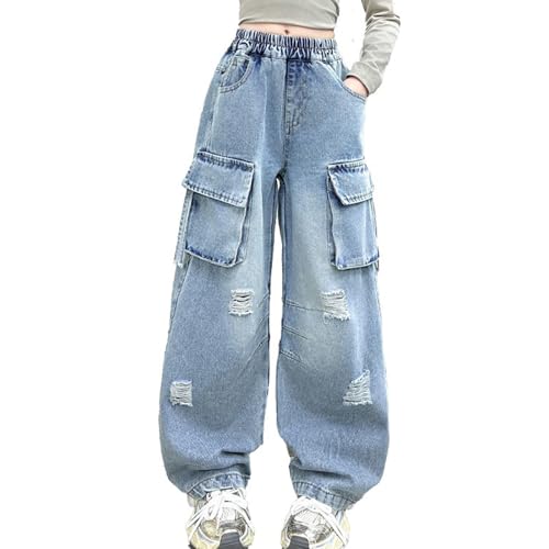 Baggy Jeans for Girls Pockets Ripped Cargo Adjustable Waist Wide Leg Pants Streetwear Cute Jeans for Girls Washed Raw Hem