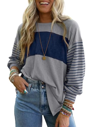 Dokotoo Long Sleeve Tops Oversized 2025 Trendy Round Crew Neck Casual Color Block Womens Shirts Blouses