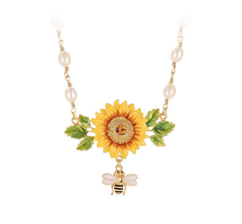 Yellow Sunflower And Bee Pearl Enamel Pendant Necklace Jewelry Gift Juicy Grape2