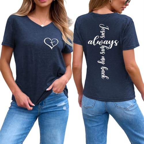 Image of Jesus Christian Shirts Womens Jesus Always Has My Back Tshirt Religious Faith T-Shirt V Neck Inspirational Funny Top