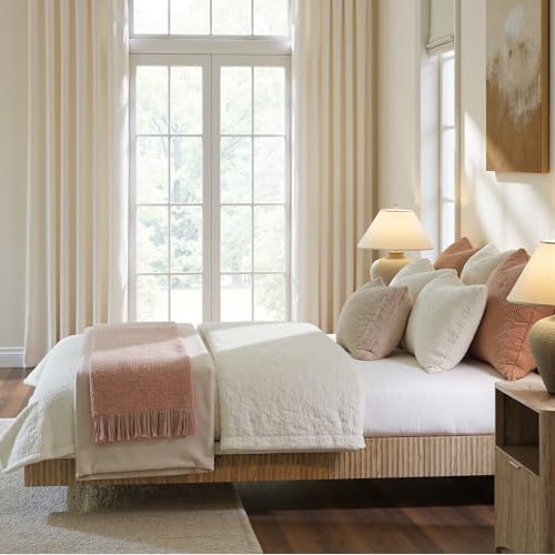 Image of Evermagin Oak King Floating Bed Frame with led Lights, Fluted 14In High Platform Bed No Headboard, Heavy Duty Mid Century Modern Float Metal Bedframe, No Box Spring Needed (Oak, King-14in high)