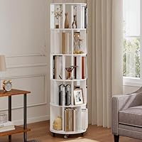 Turosur 5-Tier Rotating Bookshelf Bookcase (White) 360-Degree Revolving BookShelf Floor Standing Shelves Space-Saving Storage Organizer for Bedroom Living Room Office