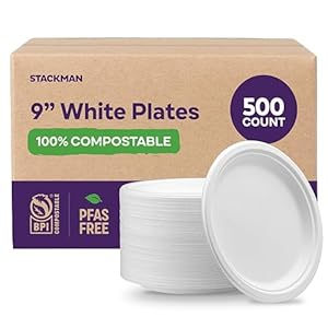 100% Compostable Paper Plates 9 Inch [500 Count] Heavy-Duty Dinner Plates – Natural White Color Unbleached Bagasse – Eco-Friendly Disposable Biodegradable Sugarcane Plates – [Bulk Case 4/125 Pack]