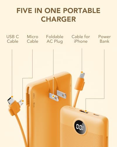 VRURC Portable Charger, Power Bank Built-in Cables and AC Wall Plug | USB C Power Bank 10000mAh Travel Essentials Phone Charger Compact External Battery Pack For Smart Phones, Tablets etc-Orange