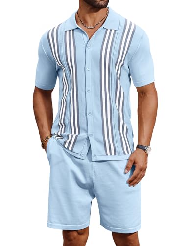 COOFANDY Men's Short Sleeve Button Down Knit Polo Shirts And Shorts Sets Summer Oufits 2 Piece Set For Men