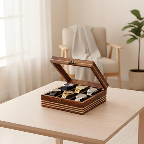 Image of Watch box for women & men, Wooden organizer, Handmade Holder For Men, Custom Valet Box with Brass Lock, Christmas, Anniversary, Valentine;s Day, Father's Day (Dark Brown 6 Slots)