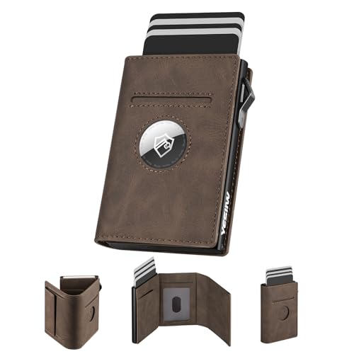 Portefeuille Homme AirTag avec XL Porte-Monnaie, Pop up Porte Carte AirTag pour 7+ Cartes,1 ID Fenêtres & 10+ Billets Portefeuilles et Porte-Cartes avec Blocage RFID & Fermeture Magnétique (Marron)
