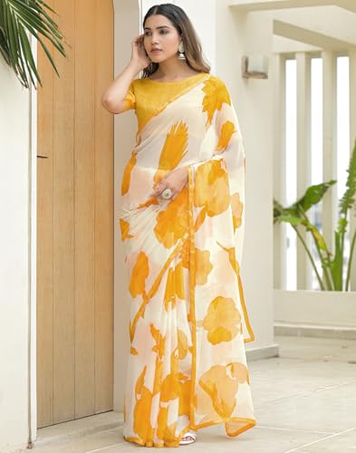 Image of SIRIL Women's Chiffon Printed Saree with Unstitched Blouse Piece
