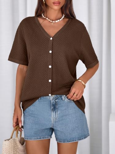 Image of NALANISA Women's Short Sleeve Sweater Spring Summer Crochet Knit Tops 2026 V Neck Striped Button Down Dressy Casual Blouses