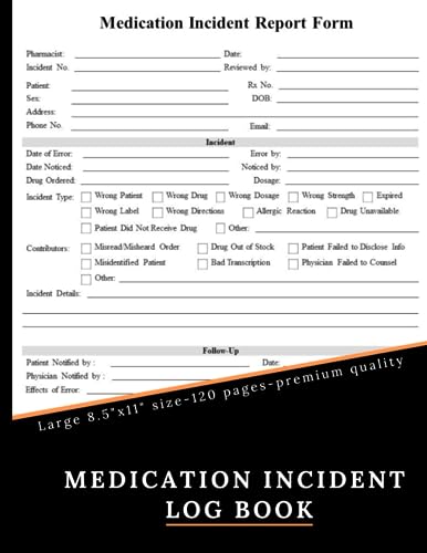 Medication Incident Log Book: Track incorrect prescriptions, wrong dosages, allergic reactions and more, incident report form, 120 Pages, 8.5x11 inches