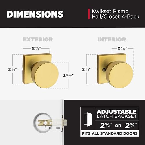 Image of Kwikset Pismo Interior Square Passage Door Knob, Handle for Closet and Hallway Doors, Non-Locking Doorknob, Satin Brass 4 Pack