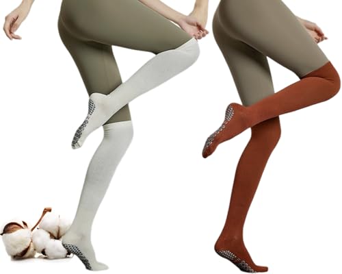 CHUNFO Womens Thigh High Knee Grip Socks Pilates Yoga Non Slip Cotton Barre Stocking s Size5-9