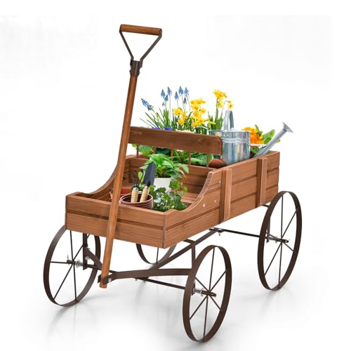 HOMASIS Blumenwagen Holz, Blumenkarre mit 4 Metall Rädern, Griff & 2 Fächern, Blumenständer Holzwagen Pflanzschubkarre, Blumenkasten Gartendeko für Garten Balkon Terasse, 62x34x60cm (Braun)