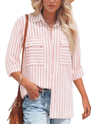 NONSAR Blusa de manga larga para mujer, a rayas, informal, de algodón, túnica de manga larga, blusa de lino, Raya Ancha Rosa, L