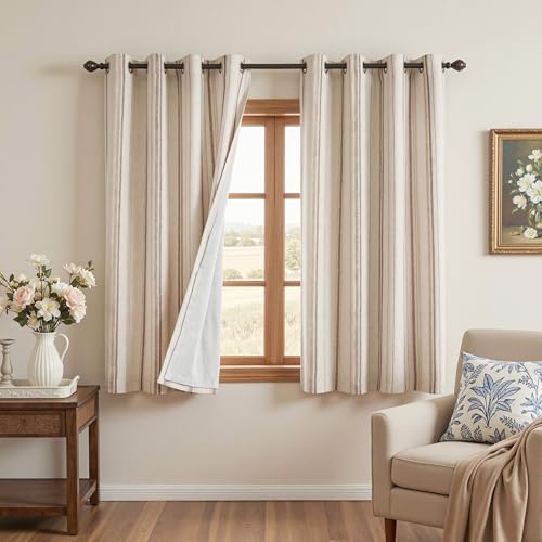 Image of MYSKY HOME Taupe Striped Curtains 63 Inches Long Full Blackout Tan Ticking Stripe Pinstripe Linen Blended Double Layer Curtains for Bedroom Farmhouse Drapes, Grommet, 2 Panels, 52 inch Wide
