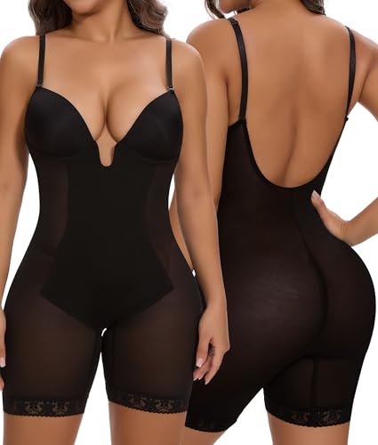 SHAPERIN Rückenfrei Formende Bodysuit Damen Shapewear Bauchweg Body mit Push Up BH Full Body Shaper Tiefer U Ausschnitt Schwarz 1# M