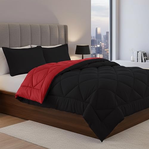 Silky Soft - Goose Down Alternative Reversible 3pc Comforter Set- Available in A Few Sizes and Colors , Full/Queen, Black/Burgundy