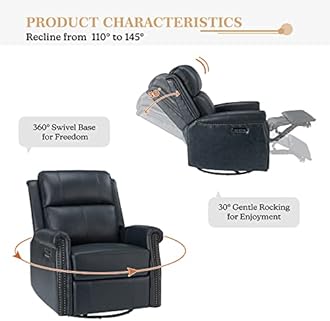 HULALA HOME Genuine Leather Power Recliner Chair with USB Port, Modern Electric Swivel Rocker Glider Recliner with Nailhead Trim & Metal Base- for Living Room Bedroom Home Theater, Navy