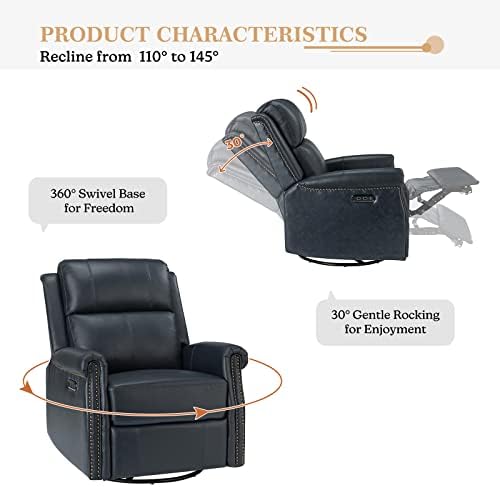 HULALA HOME Genuine Leather Power Recliner Chair with USB Port, Modern Electric Swivel Rocker Glider Recliner with Nailhead Trim & Metal Base- for Living Room Bedroom Home Theater, Navy