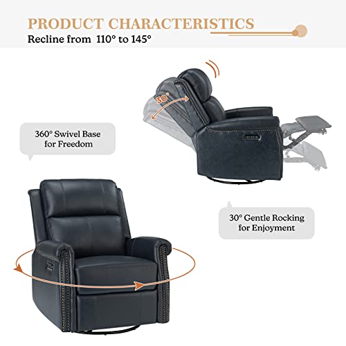 HULALA HOME Genuine Leather Power Recliner Chair with USB Port, Modern Electric Swivel Rocker Glider Recliner with Nailhead Trim & Metal Base- for Living Room Bedroom Home Theater, Navy