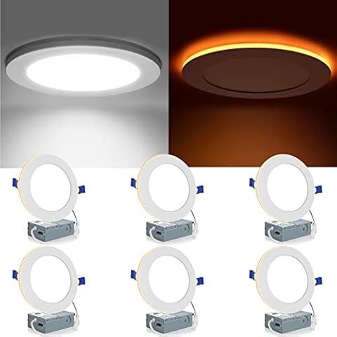 Meconard 6 Pack 6 Inch 5CCT LED Recessed Lighting with Night Light, 2700K/3000K/3500K/4000K/5000K Selectable Ultra-Thin LED Recessed Ceiling Lights, 12W=110W, 1050LM, Dimmable Canless Wafer Downlight Cover