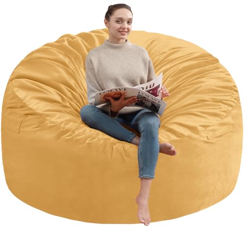 4FT Bean Bag Chair, Large Bean Bag Chairs with Memory Foam Filled, Fluffy Beanbag Sofa with Dutch Velvet Cover, Round BeanBag Chairs for Living Room, Playroom - Mustard
