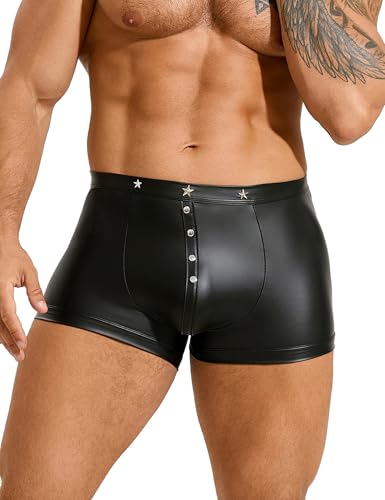 comeondear Men's Faux Leather Boxer Shorts with Punk Rivet Plus Size Briefs Black Sexy Underwear Panties
