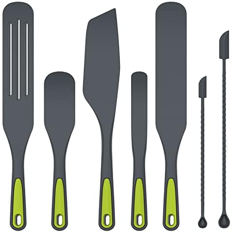 Silicone Kitchen Cooking Utensils Set: Heat Resistant Nonstick Silicon Spurtle Tool Sets - Non Scratch Solid & Slotted Spatula Professional Gadget for Cookware BPA Free Grey 7 Piece Cover