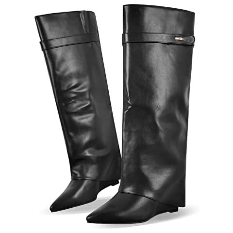 LISHAN Women's Wedge Knee High Boots Pointed Closed Toe Foldover Under the Knee High Boots Pull On Slouchy High Heels Solid Color Pant Boots Party Dress Shoes Black Size 9 Cover