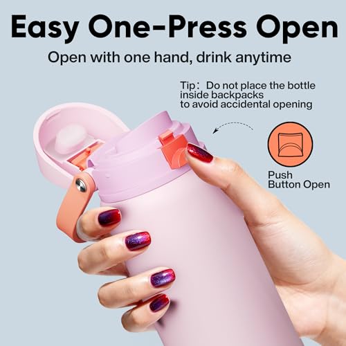 Image of Insulated Water Bottle with Straw - Encool Stainless Steel Water Bottle with Push Button Lid, Leak-Proof & BPA-Free, Keeps Cold for 24 Hours for Sports, Travel, Gym (40 oz, Lily-Red)